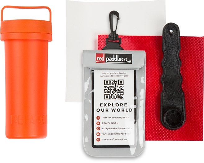 red paddle co infltable SUP paddle board repair kit and water resistant phone case