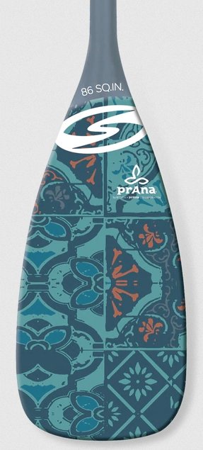 surftech x prana collab carbon adjustable paddle SUP paddle board paddle blade with blue and orange pattern decals 86 square inch blade