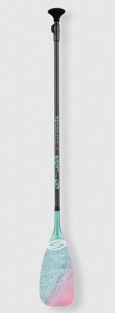 surftech x prana collab carbon adjustable paddle SUP paddle board paddle black shaft with teal text blade with teal and pink decals