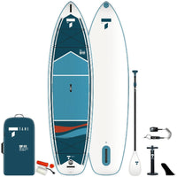 Tahe Beach SupYak 11'6" inflatable SUP paddle board package deck and bottom view with paddle, inflatable SUP pump, leash, fin, repair kit, inflatable board bag